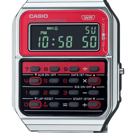Casio CA-500WE-4BDF vintage calculator watch with red dial, black calculator buttons and stainless steel bracelet on white background