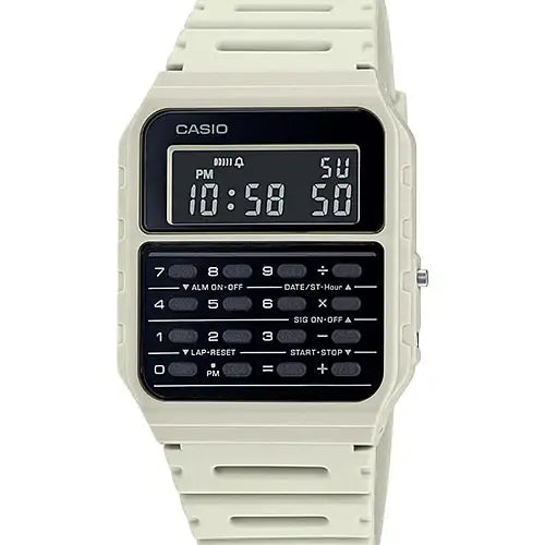 Casio CA-53WF-8BDF Databank calculator watch with off-white resin case, black digital display and integrated calculator keypad
