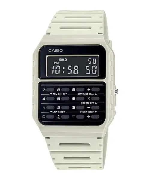 Casio CA-53WF-8BDF Databank calculator watch with off-white resin case, black digital display and integrated calculator keypad