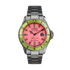 Out Of Order Casanova Anguria pink dial quartz watch with yellow-green bezel and stainless steel bracelet, reference OOO.001-18.RO.VE