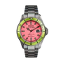 Out Of Order Casanova Anguria pink dial quartz watch with yellow-green bezel and stainless steel bracelet, reference OOO.001-18.RO.VE