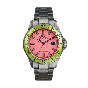 Out Of Order Casanova Anguria pink dial quartz watch with yellow-green bezel and stainless steel bracelet, reference OOO.001-18.RO.VE