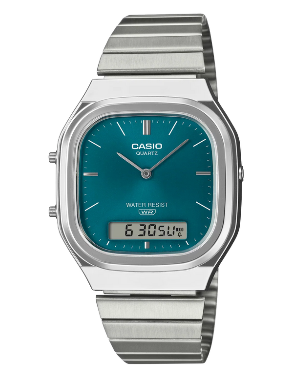 Casio Vintage AQ-240E Dual Time Quartz Ana-Digi Teal Dial Stainless Steel Watch (AQ-240E-3ADF)