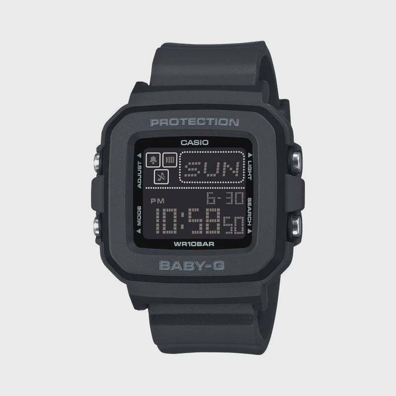 Casio Baby-G BGD-10-1DR digital square black resin watch with shock-resistant case and 100m water resistance