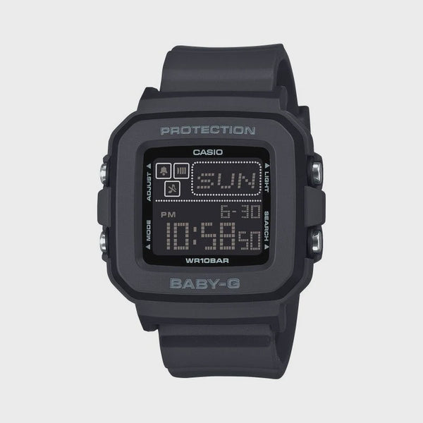 Casio Baby-G BGD-10-1DR digital square black resin watch with shock-resistant case and 100m water resistance