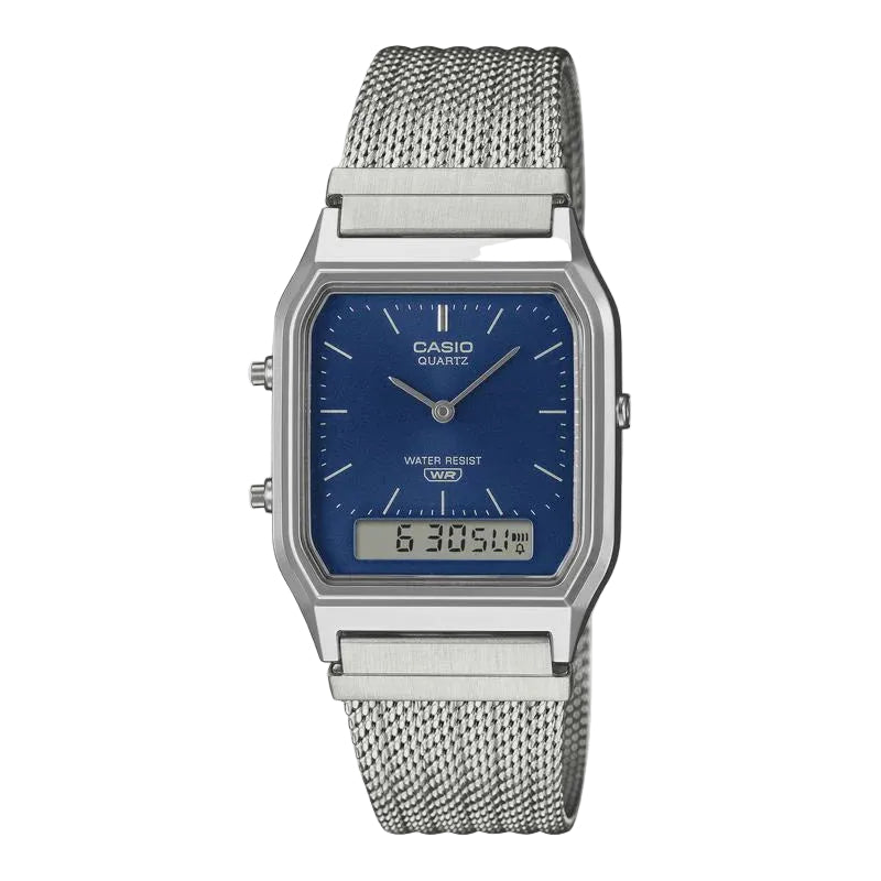 Casio AQ-230EM-2ADF vintage analogue-digital watch with blue sunburst dial and stainless steel mesh bracelet on white background