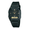 Casio AW-48HE-1AVUDF black resin ana-digi watch with gold-tone indices and digital sub-display on white background