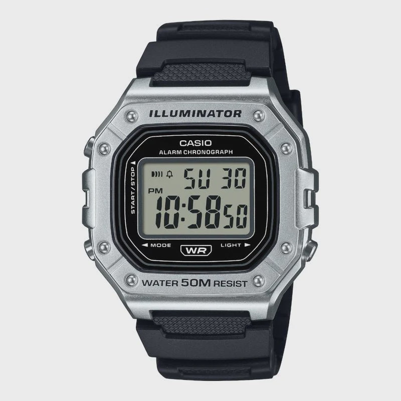 Casio W-218HM-7AVDF silver digital chronograph alarm watch with black resin strap and 50 metre water resistance