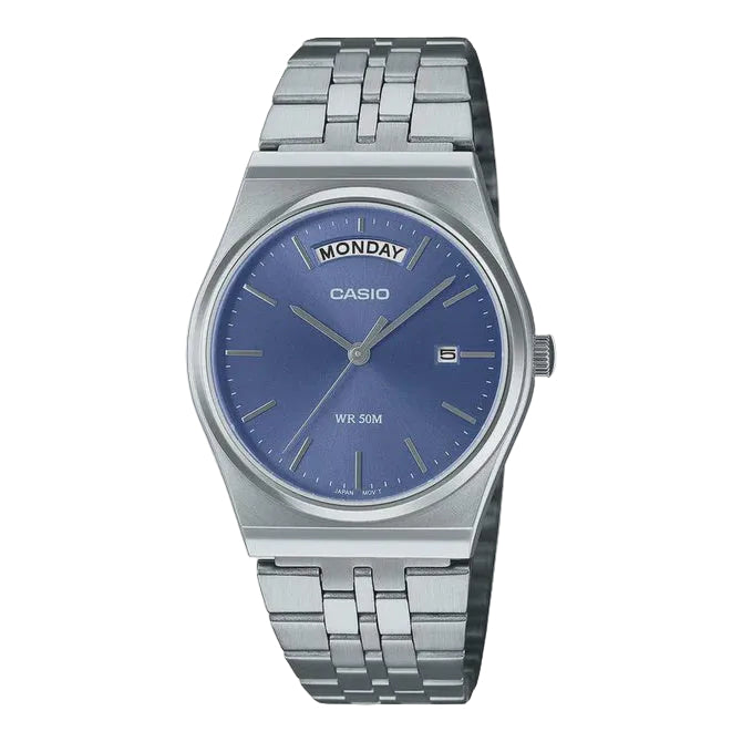 Casio MTP-B146D-2AVDF quartz watch with sunray blue dial, day-date display, and stainless steel bracelet on white background