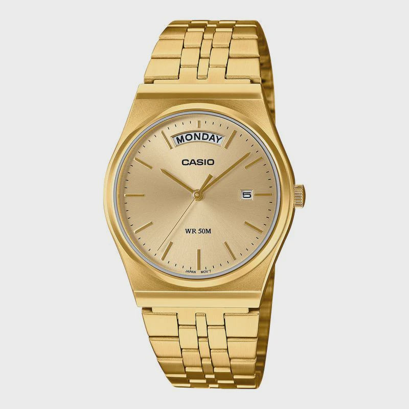 Casio MTP-B146G-9AVDF quartz watch with champagne gold sunray dial, day-date display, and gold-tone stainless steel integrated bracelet on white background