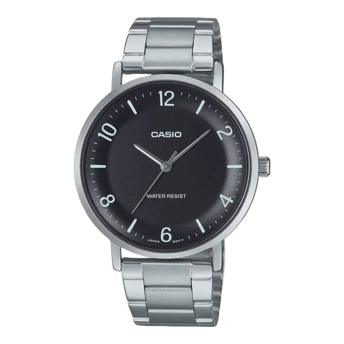 Casio MTP-VT03D-1BDF quartz watch with black sunray dial, Arabic numerals, and polished stainless steel bracelet on white background