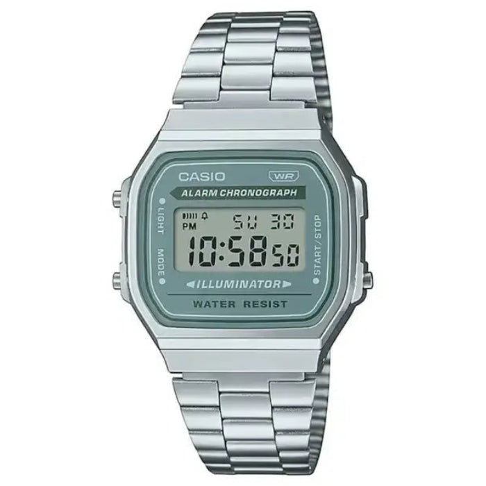 Casio A168WA-3AYDF vintage digital watch with green LCD dial and stainless steel bracelet on white background
