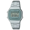 Casio A168WA-3AYDF vintage digital watch with green LCD dial and stainless steel bracelet on white background