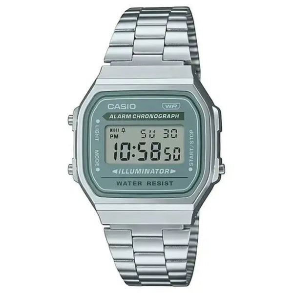 Casio A168WA-3AYDF vintage digital watch with green LCD dial and stainless steel bracelet on white background