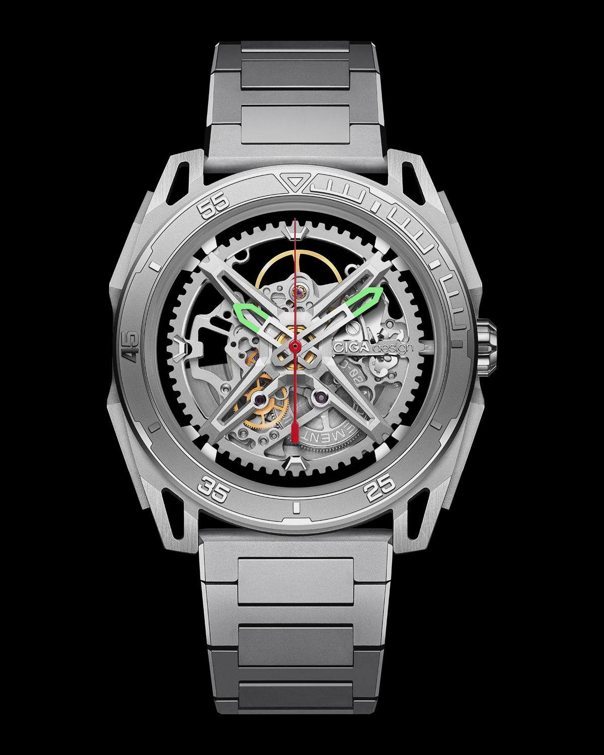 CIGA Design Falcon Z039-SS01-1S automatic skeleton watch with silver stainless steel case and bracelet, round exposed movement dial with green luminous hands and rotating bezel