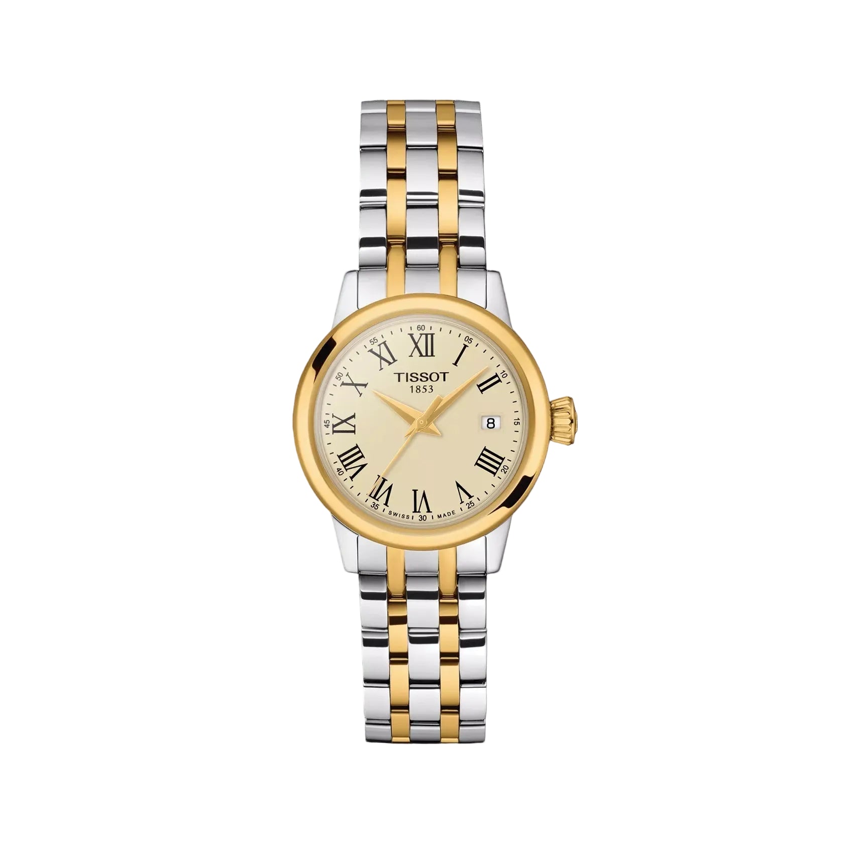 Tissot Classic Dream T129.210.22.263.00 ladies quartz watch with ivory dial, Roman numerals, and two-tone stainless steel bracelet with PVD gold coating