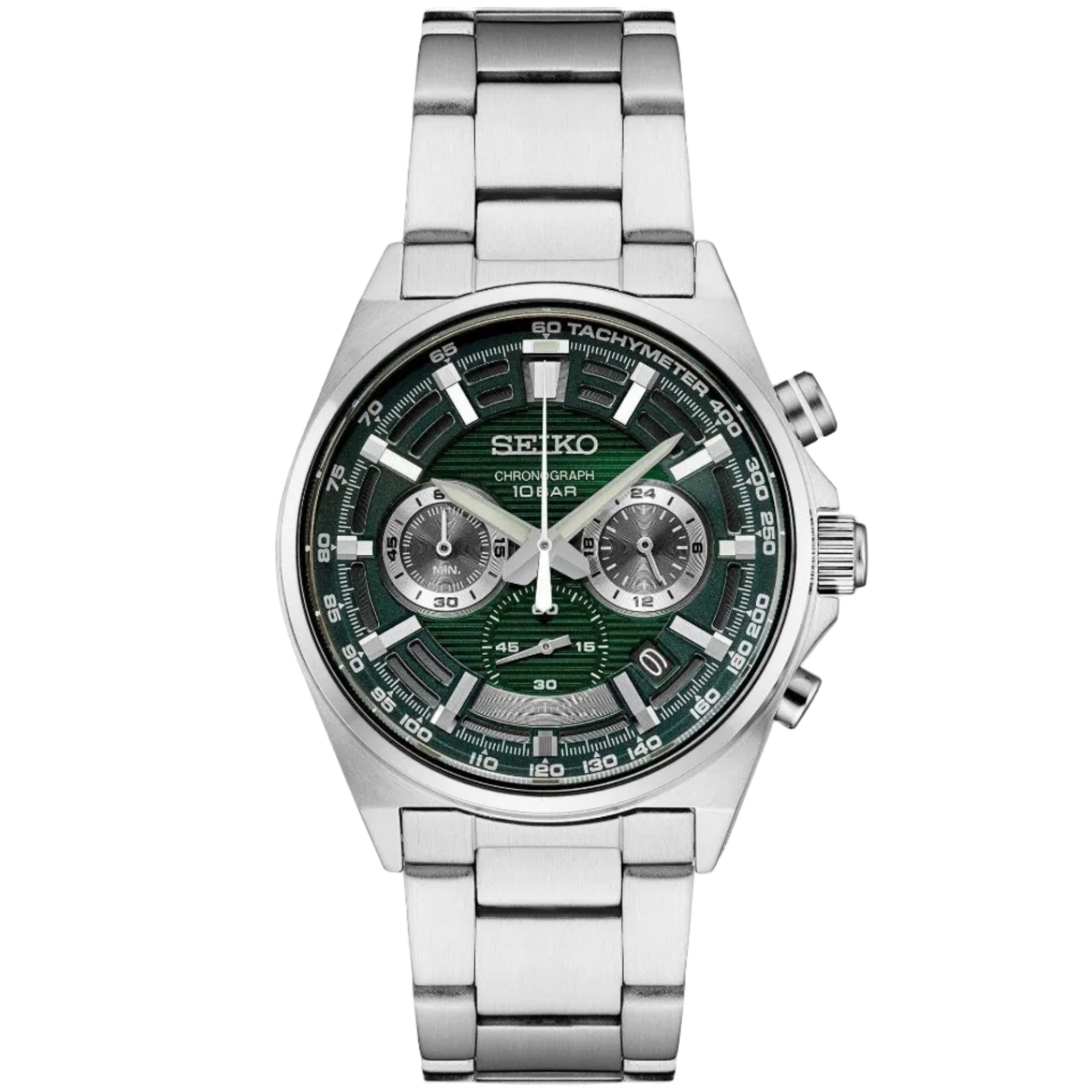 Seiko SSB405P1 chronograph with green dial and stainless steel bracelet, front view