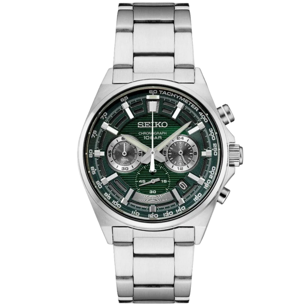 Seiko SSB405P1 chronograph with green dial and stainless steel bracelet, front view
