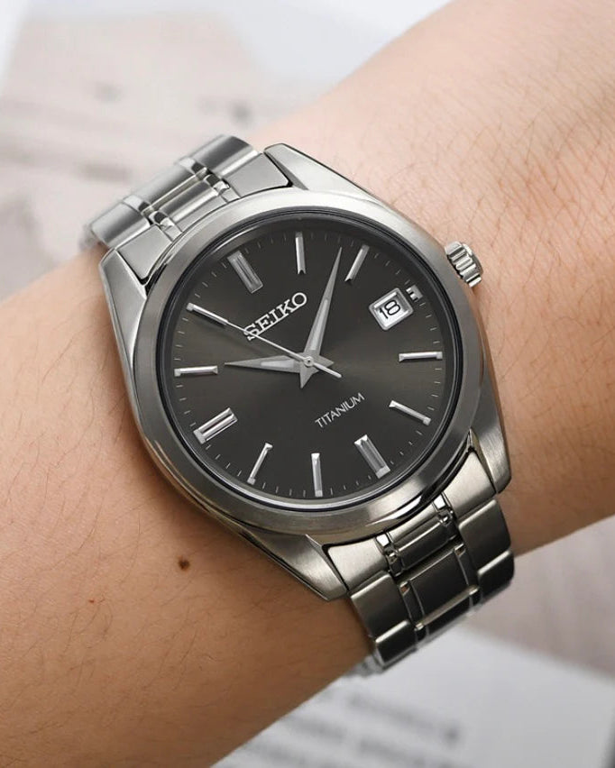 Seiko Essentials Titanium Quartz Black Dial Date Watch (SUR375P1) - Cassim & Co South Africa