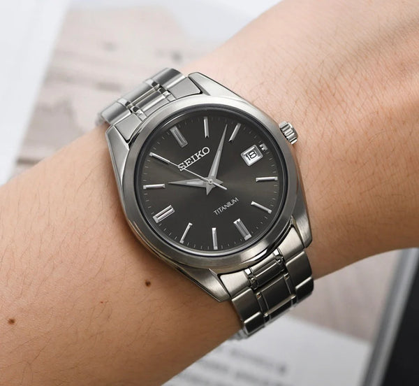 Seiko Essentials Titanium Quartz Black Dial Date Watch (SUR375P1) - Cassim & Co South Africa