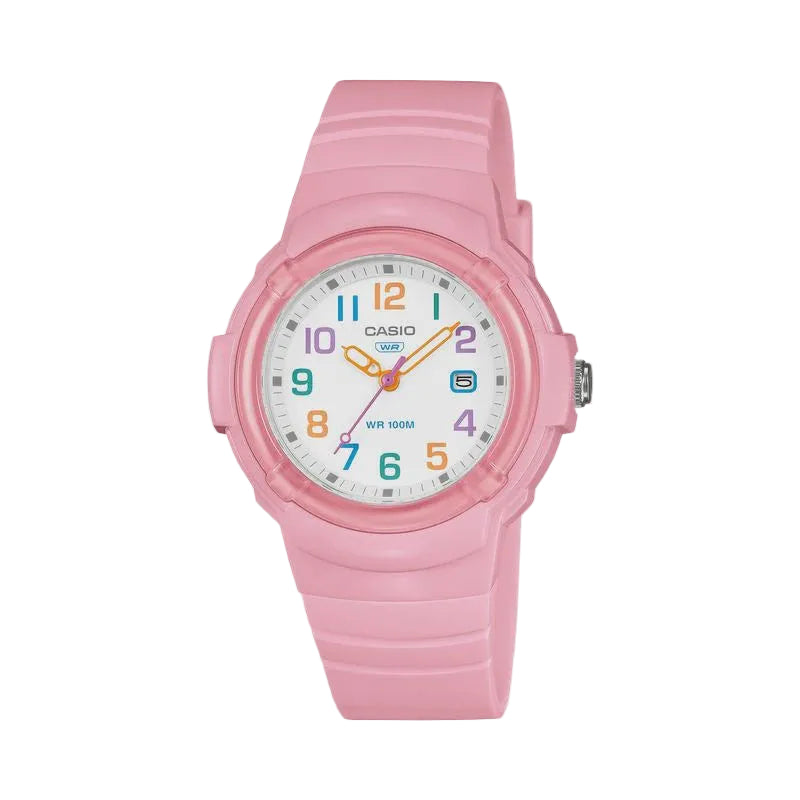 Casio LX-800H-4AVDF pink bio-resin quartz watch with white dial multicolour numerals 100m water resistant