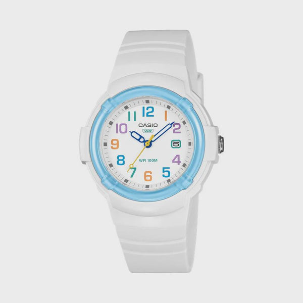 Casio LX-800H-7A2VDF white resin analogue watch with multicolour numerals and light blue bezel