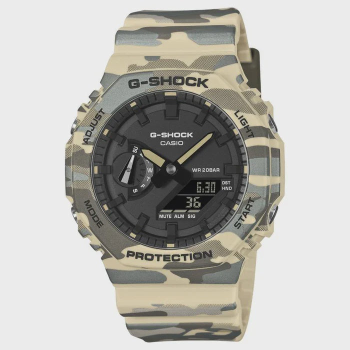 Casio G-Shock GA-2100CM-5A desert camouflage analog-digital watch with bio-resin case and strap on white background
