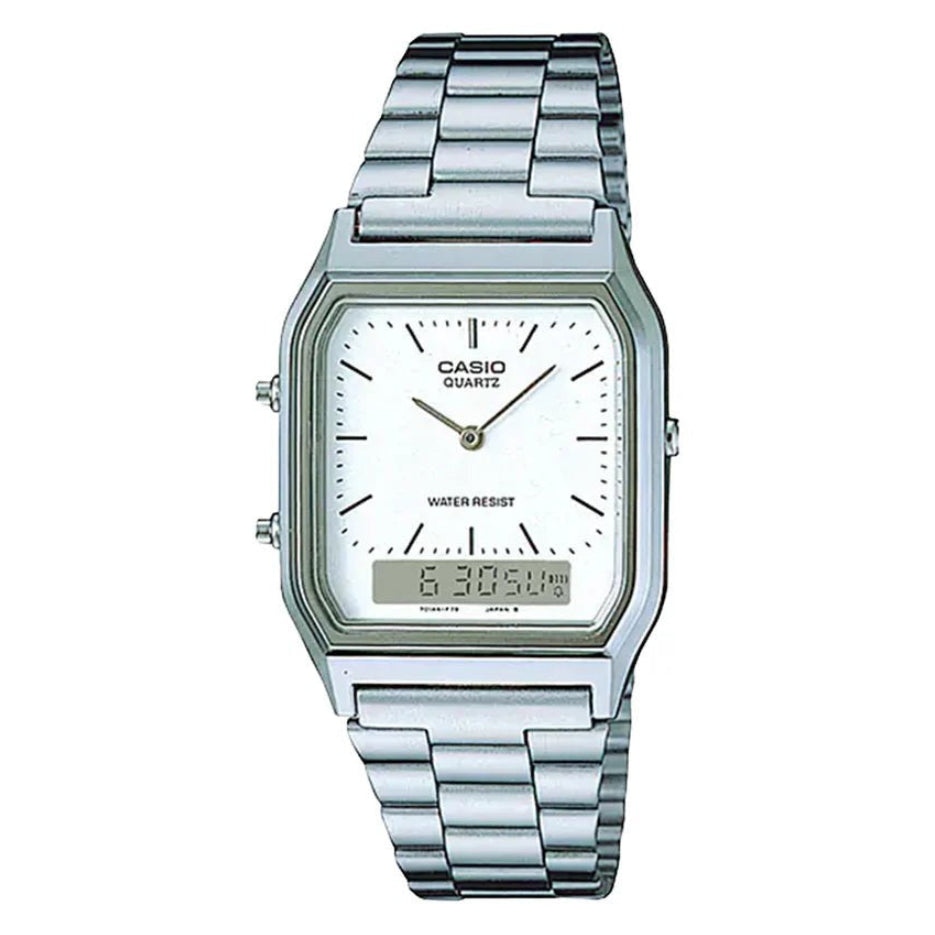 Casio AQ-230A-7BMQ white dial with baton indices and digital window at 6 o'clock
