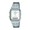 Casio AQ-230A-7DMQ quartz ana-digi watch with white dial and stainless steel bracelet on white background