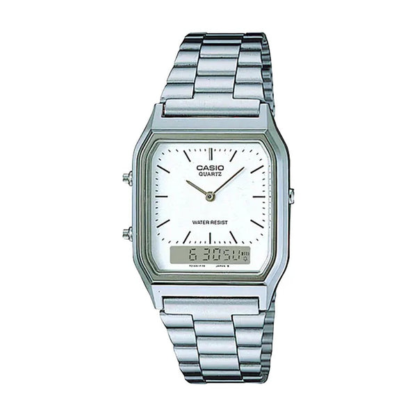 Casio AQ-230A-7DMQ quartz ana-digi watch with white dial and stainless steel bracelet on white background