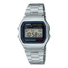 Casio A158WA-1DF vintage digital quartz watch with silver stainless steel bracelet and rectangular case featuring navy blue inner bezel and LED display