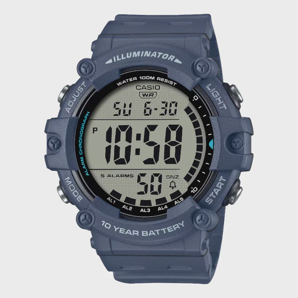 Casio AE-1500WH-2AVDF digital watch with blue resin case and strap, large LCD display showing time and date, Illuminator backlight marking