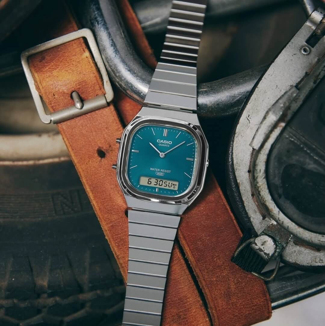 Casio Vintage AQ-240E Dual Time Quartz Ana-Digi Teal Dial Stainless Steel Watch (AQ-240E-3ADF)