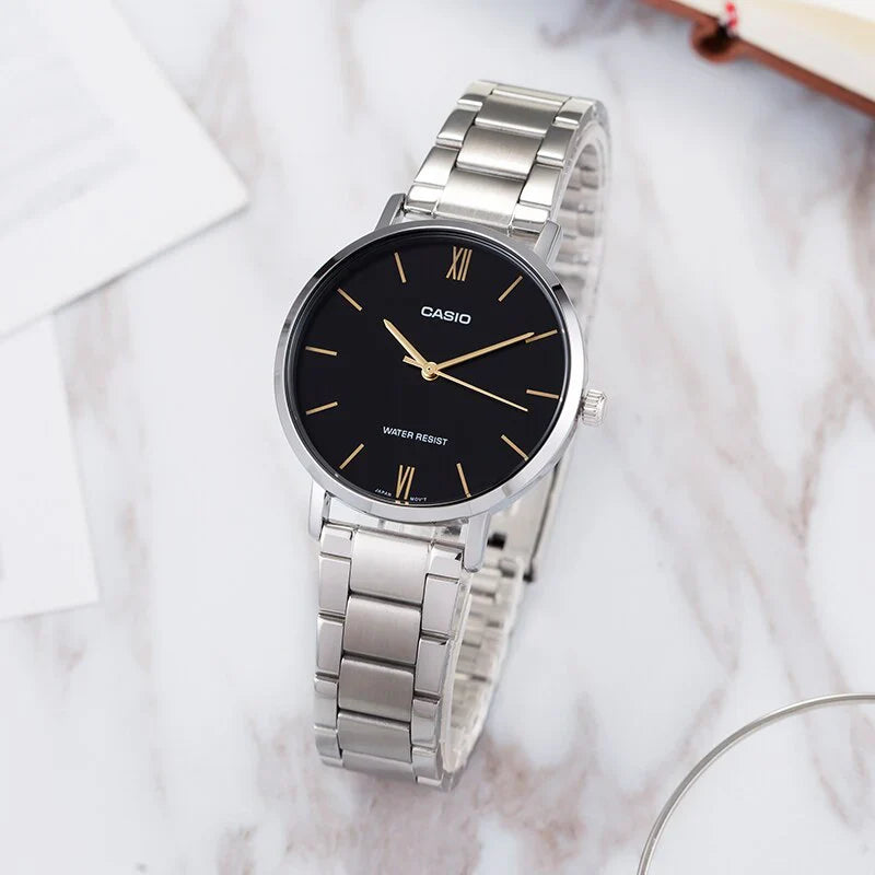 Casio LTP-VT01D Quartz Black Dial Roman Numerals Stainless Steel Ladies Watch (LTP-VT01D-1B)