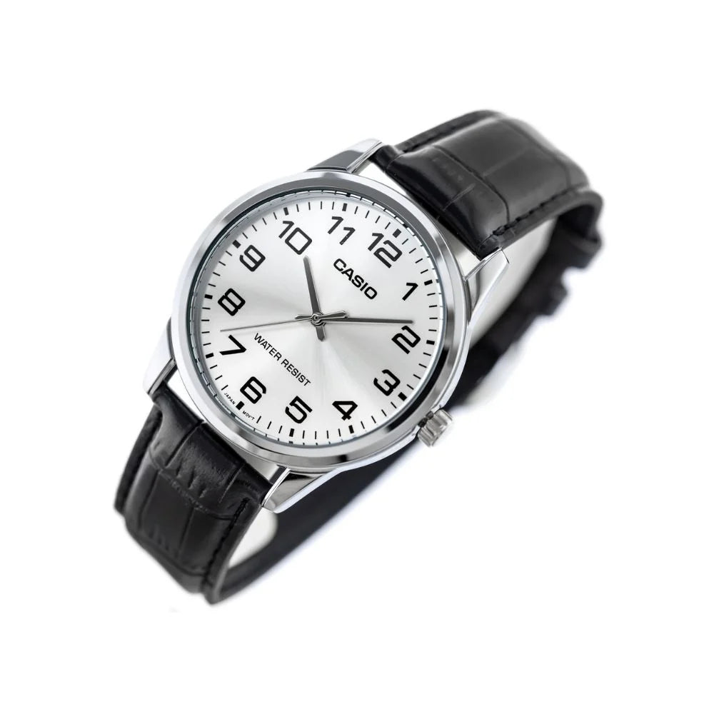 Casio MTP-V001L Quartz Silver Dial Black Leather Strap Watch (MTP-V001L-7BUDF)