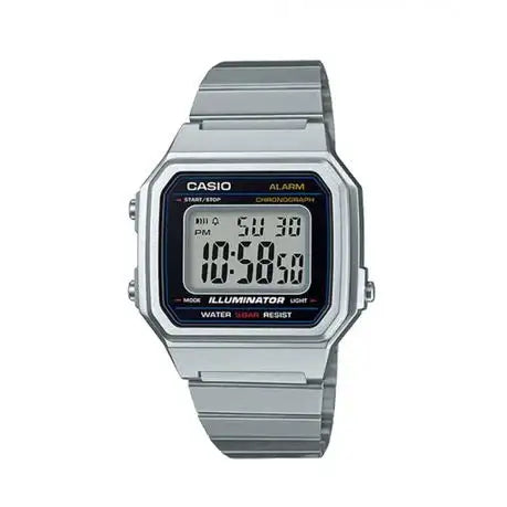 Casio B650WD-1ADF retro digital watch with silver stainless steel case and bracelet showing rectangular LCD display