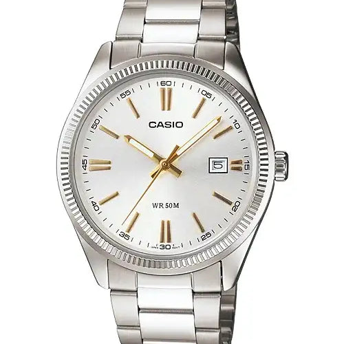 Casio MTP-1302D-7A2VD quartz watch with white dial, gold-tone hands and markers, coin-edge bezel, and stainless steel bracelet on white background