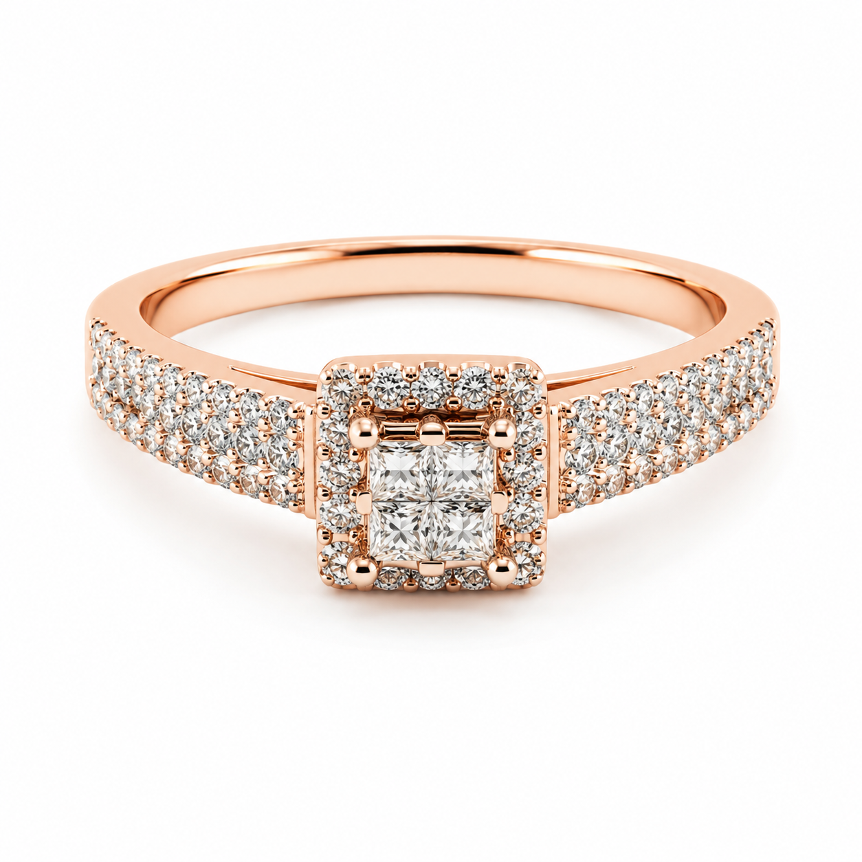 9ct rose gold princess cut diamond halo cluster engagement ring with pavé shoulders by Cassim & Co Johannesburg