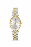 Daniel Klein DK113954-3 ladies quartz watch with oval case, silver sunray dial with gemstone markers, and two-tone stainless steel bracelet with yellow gold PVD plating