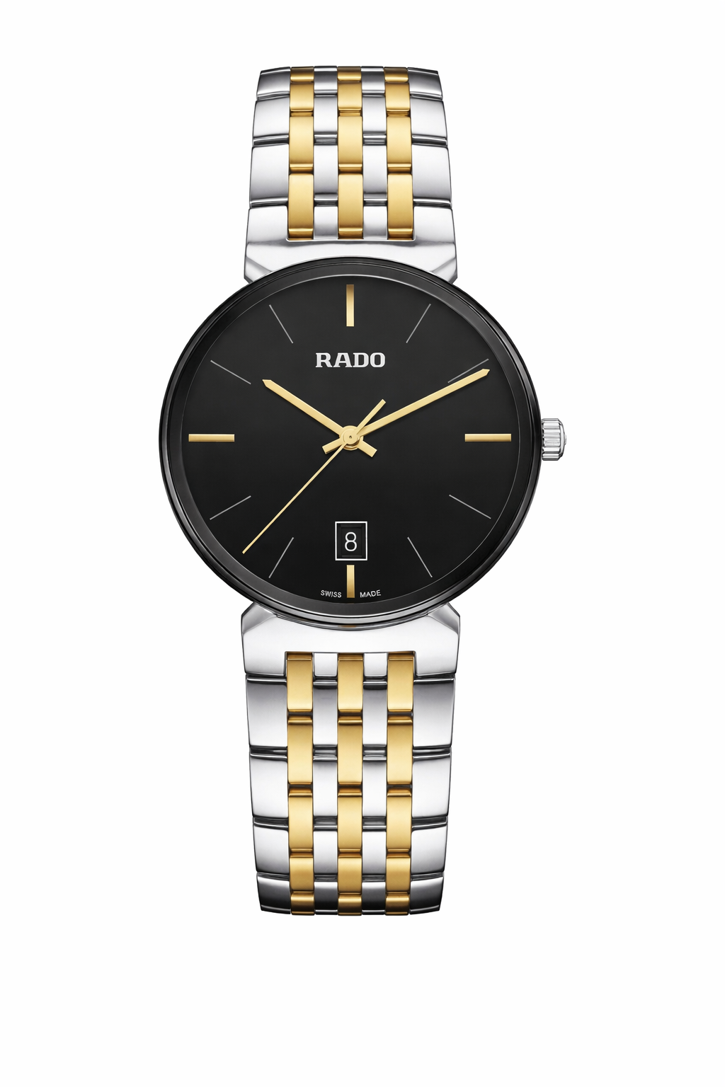 Rado Florence R48912153 quartz watch with black dial, ceramic bezel, and two-tone stainless steel gold PVD bracelet on white background