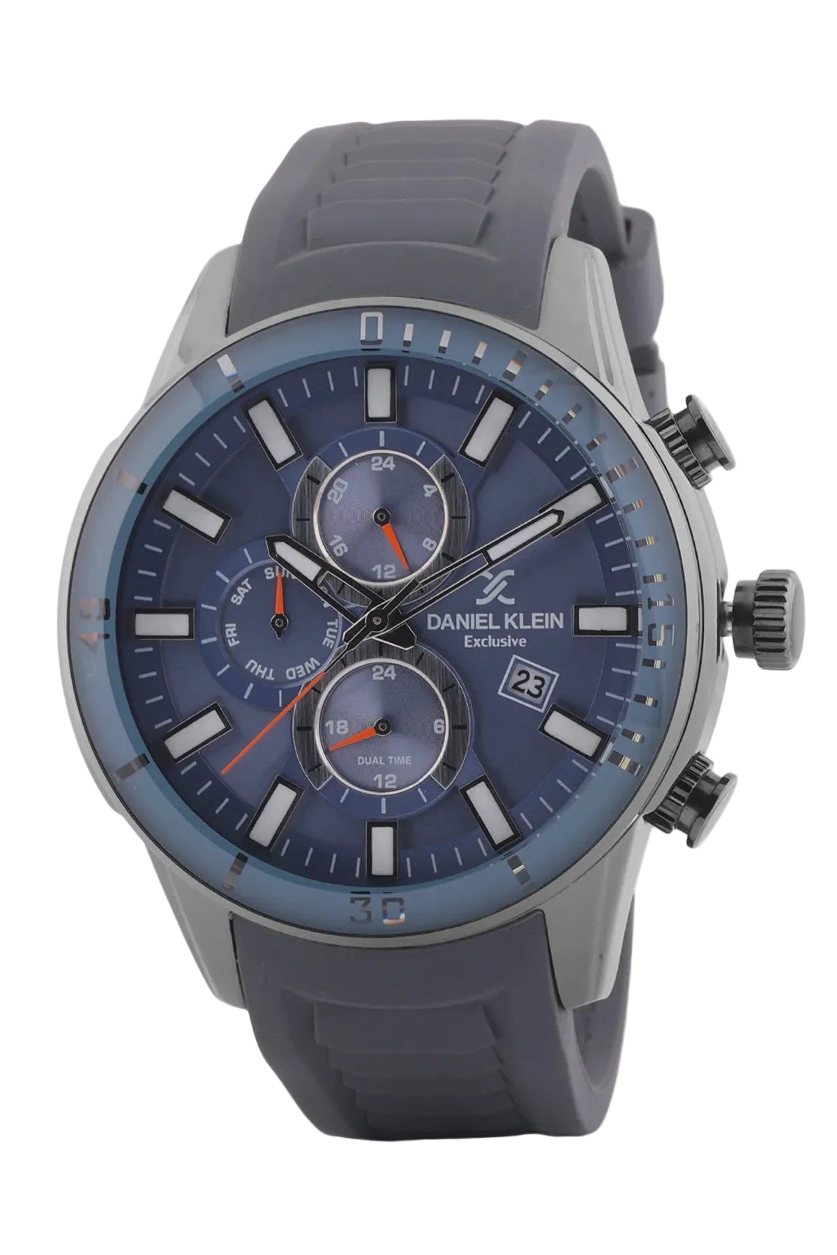 Daniel Klein Exclusive DK.1.13313-7 blue dial dual-time quartz watch with stainless steel case and grey silicone strap