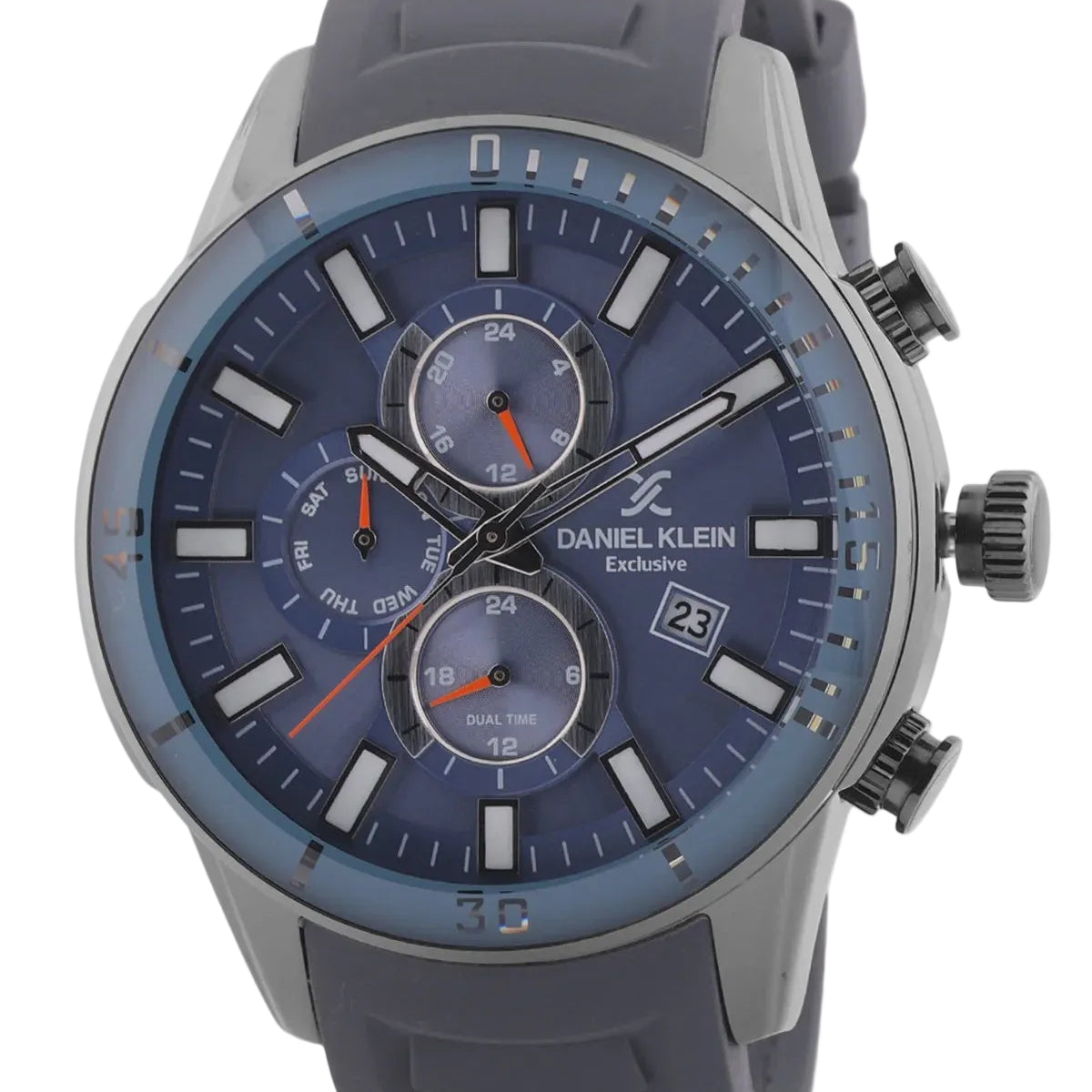 Daniel Klein Exclusive DK.1.13313-7 blue dial dual-time quartz watch with stainless steel case and grey silicone strap