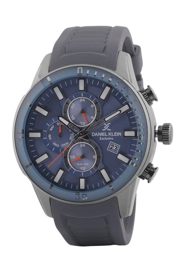 Daniel Klein Exclusive DK.1.13313-7 blue dial dual-time quartz watch with stainless steel case and grey silicone strap