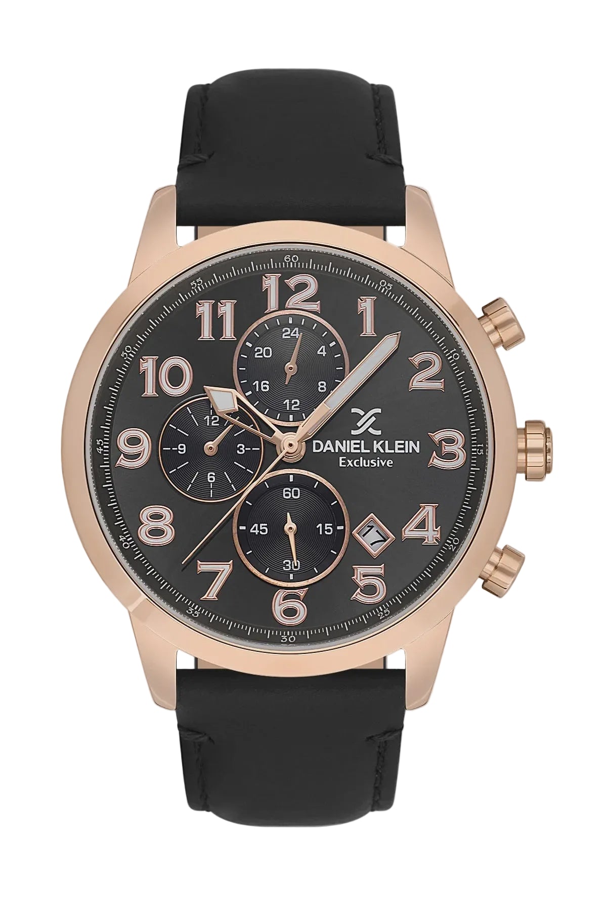 Daniel Klein Exclusive DK.1.13833-4 chronograph quartz watch with rose gold case, black textured dial, Arabic numerals, three sub-dials, and black leather strap