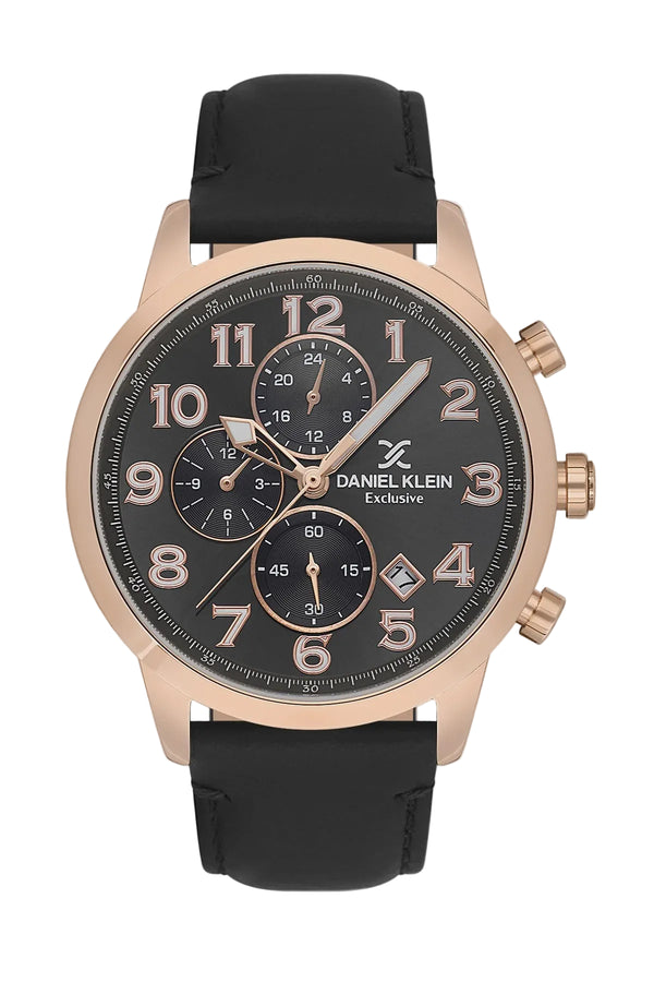 Daniel Klein Exclusive DK.1.13833-4 chronograph quartz watch with rose gold case, black textured dial, Arabic numerals, three sub-dials, and black leather strap