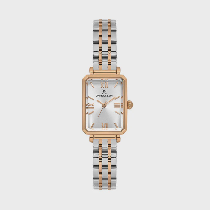 Daniel Klein Premium DK.1.13934-6 women's rectangular quartz watch with silver sunray dial, rose gold Roman numerals, and two-tone stainless steel bracelet