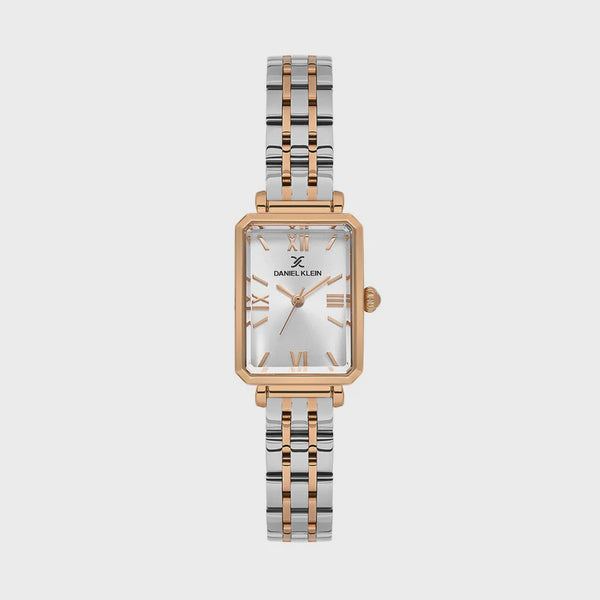 Daniel Klein Premium DK.1.13934-6 women's rectangular quartz watch with silver sunray dial, rose gold Roman numerals, and two-tone stainless steel bracelet