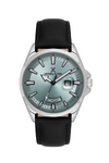 Daniel Klein DK614038-3 men's quartz day-date watch with teal sunray dial, stainless steel case, and black leather strap
