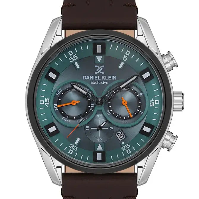 Daniel Klein Exclusive DK113547-3 men's chronograph watch with gradient green dial, brown leather strap, and stainless steel case