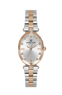 Daniel Klein DK.1.13954-6 women's quartz watch with oval rose gold case, silver sunray guilloche dial, crystal indices, and two-tone stainless steel bracelet